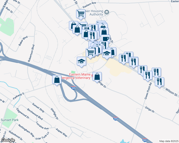 map of restaurants, bars, coffee shops, grocery stores, and more near 74 South Brewer Drive in Brewer