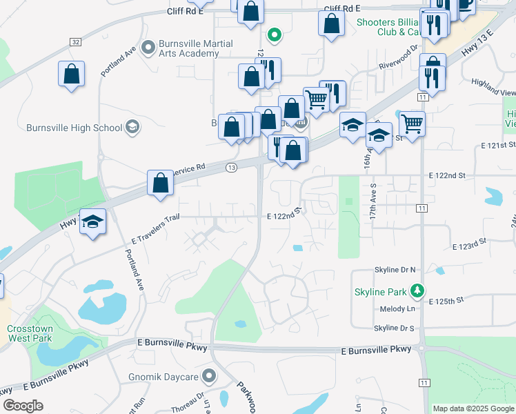map of restaurants, bars, coffee shops, grocery stores, and more near 12312 Parkwood Drive in Burnsville