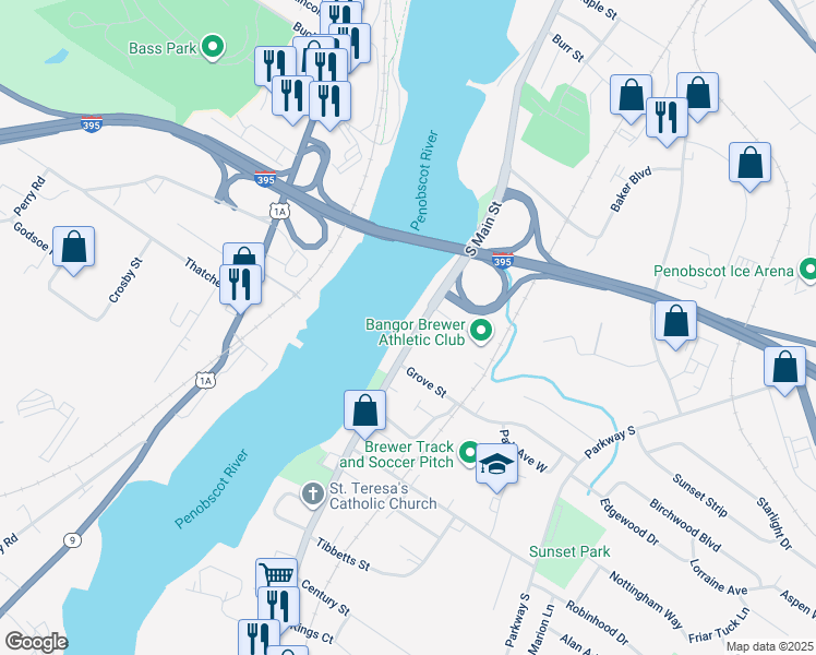 map of restaurants, bars, coffee shops, grocery stores, and more near 339 South Main Street in Brewer