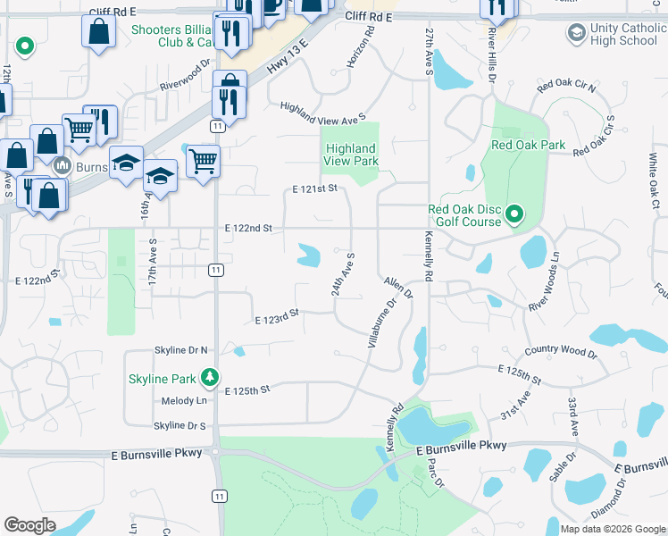 map of restaurants, bars, coffee shops, grocery stores, and more near 12232 24th Avenue in Burnsville