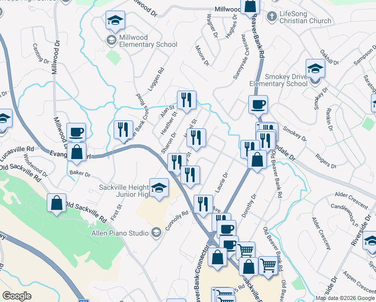 map of restaurants, bars, coffee shops, grocery stores, and more near 12 Stanley Street in Middle Sackville