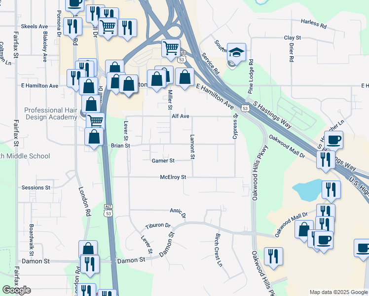 map of restaurants, bars, coffee shops, grocery stores, and more near 3417 Brian Street in Eau Claire