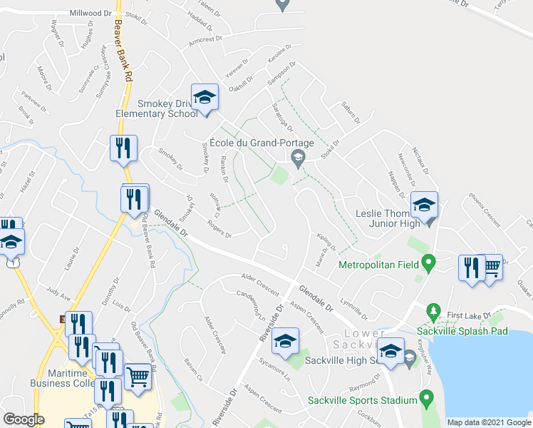 map of restaurants, bars, coffee shops, grocery stores, and more near 60 Rankin Drive in Lower Sackville