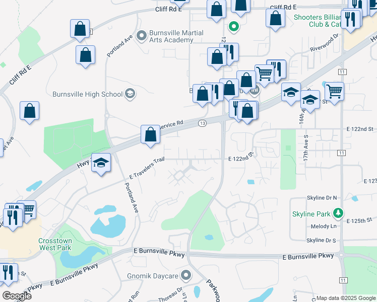 map of restaurants, bars, coffee shops, grocery stores, and more near 1000 Stratford Lane East in Burnsville