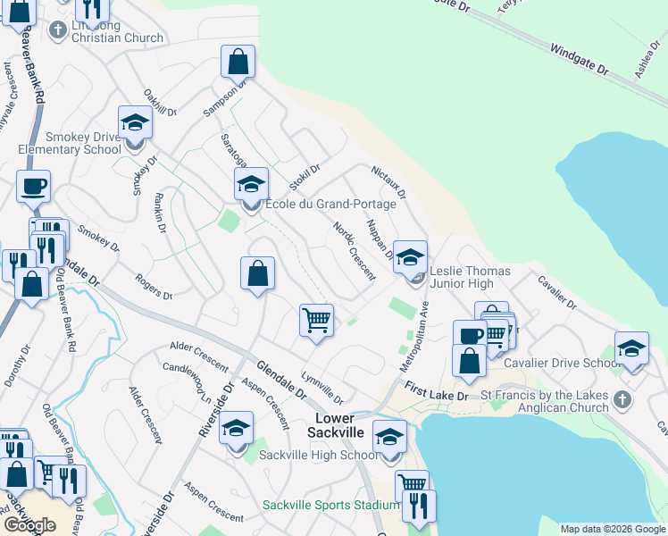 map of restaurants, bars, coffee shops, grocery stores, and more near 17 Neily Drive in Lower Sackville