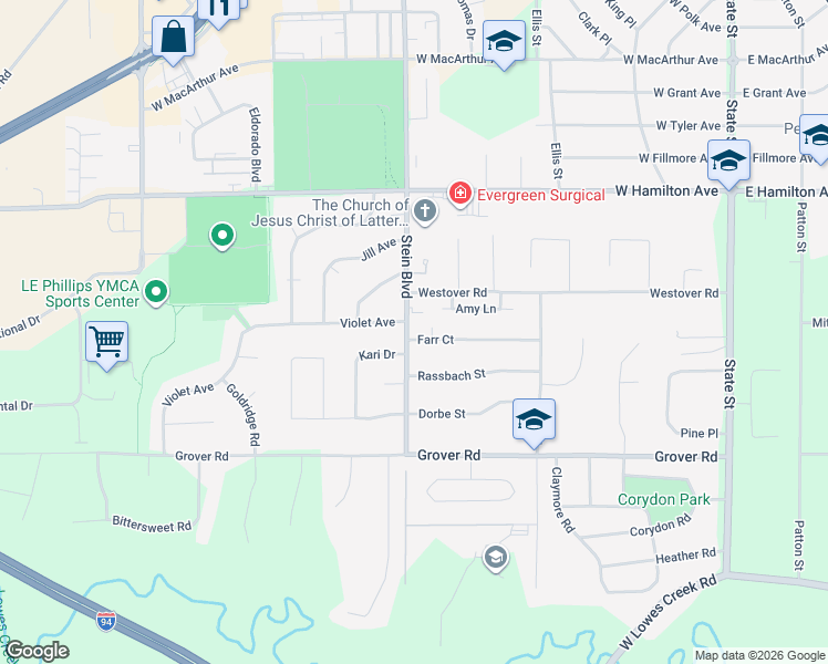 map of restaurants, bars, coffee shops, grocery stores, and more near 3410 Stein Boulevard in Eau Claire
