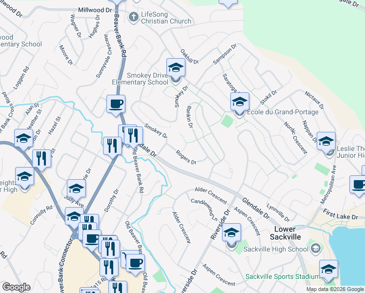 map of restaurants, bars, coffee shops, grocery stores, and more near 38 Howland Court in Lower Sackville