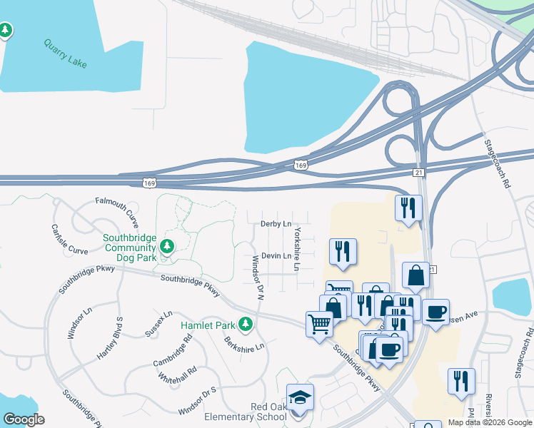map of restaurants, bars, coffee shops, grocery stores, and more near 7403 Derby Lane in Shakopee