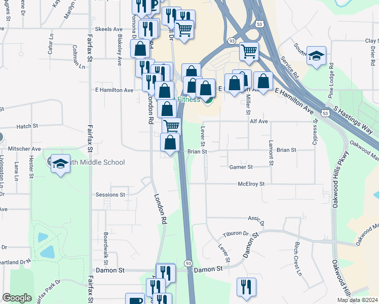 map of restaurants, bars, coffee shops, grocery stores, and more near 3707 Valley View Place in Eau Claire