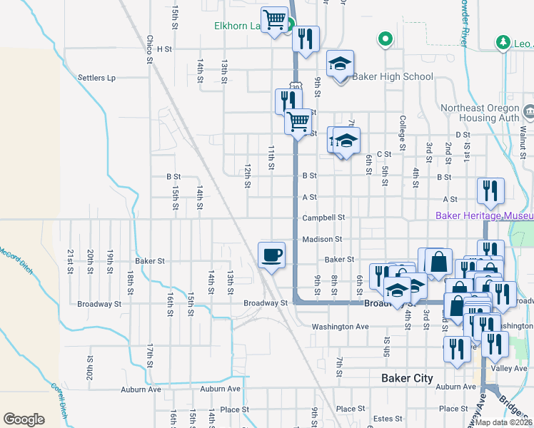 map of restaurants, bars, coffee shops, grocery stores, and more near 3002 Campbell Street in Baker City