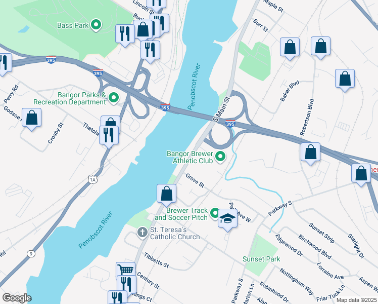 map of restaurants, bars, coffee shops, grocery stores, and more near 317 South Main Street in Brewer