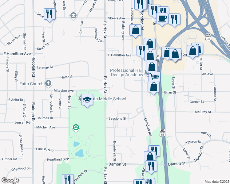 map of restaurants, bars, coffee shops, grocery stores, and more near 3447 Fairfax Street in Eau Claire