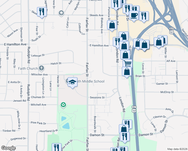map of restaurants, bars, coffee shops, grocery stores, and more near 2390 Ridgeview Drive in Eau Claire