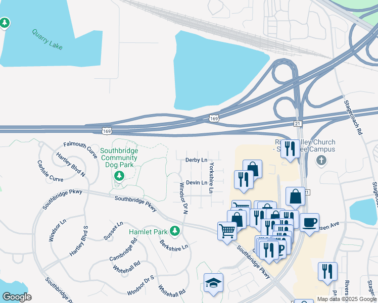 map of restaurants, bars, coffee shops, grocery stores, and more near 7411 Derby Lane in Shakopee