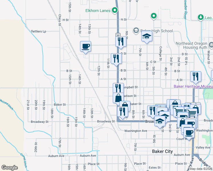 map of restaurants, bars, coffee shops, grocery stores, and more near 3002 Campbell Street in Baker City