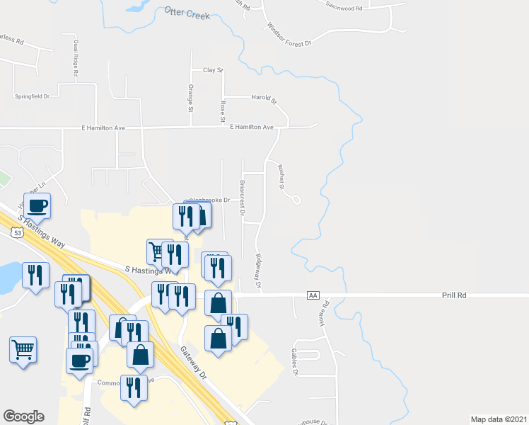 map of restaurants, bars, coffee shops, grocery stores, and more near 3418 Ridgeway Drive in Eau Claire