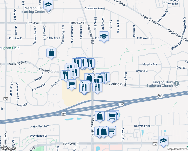 map of restaurants, bars, coffee shops, grocery stores, and more near 1422 Marschall Road in Shakopee