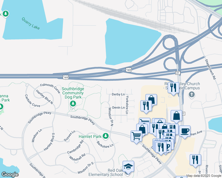map of restaurants, bars, coffee shops, grocery stores, and more near 7403 Derby Lane in Shakopee