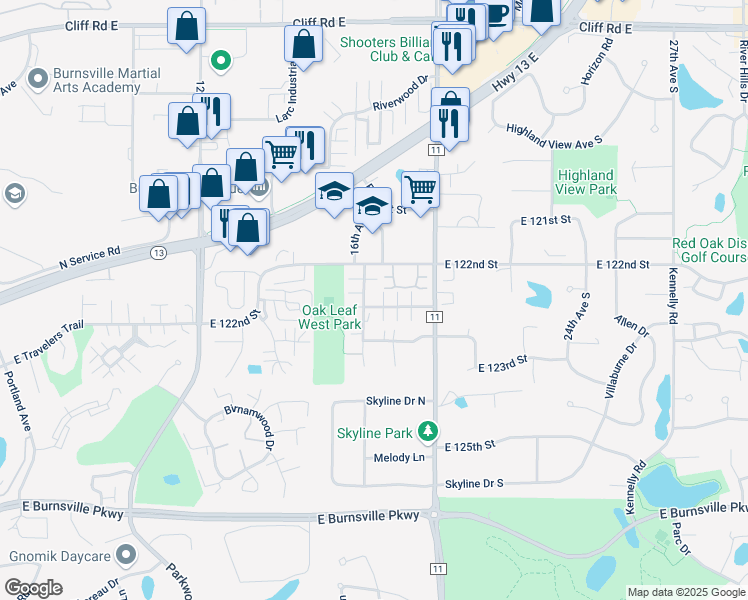 map of restaurants, bars, coffee shops, grocery stores, and more near 1821 East 122nd Street in Burnsville