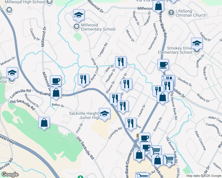 map of restaurants, bars, coffee shops, grocery stores, and more near 19 Sharon Drive in Middle Sackville