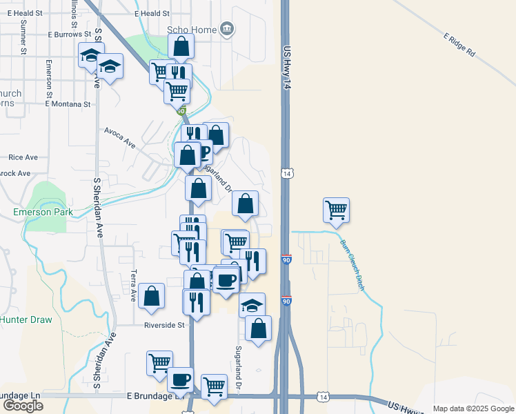 map of restaurants, bars, coffee shops, grocery stores, and more near 1551 Sugarland Drive in Sheridan