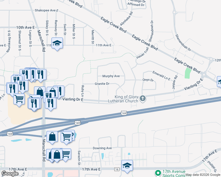 map of restaurants, bars, coffee shops, grocery stores, and more near 2048 Granite Drive in Shakopee