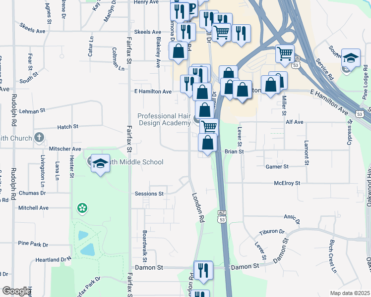map of restaurants, bars, coffee shops, grocery stores, and more near 3460 London Road in Eau Claire