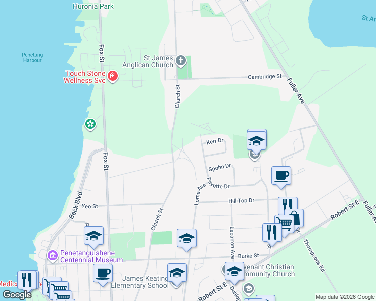 map of restaurants, bars, coffee shops, grocery stores, and more near 159 Church Street in Penetanguishene