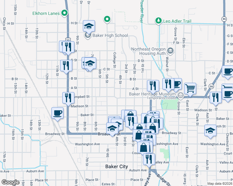 map of restaurants, bars, coffee shops, grocery stores, and more near 2545 4th Street in Baker City