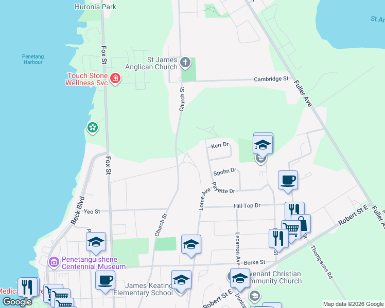 map of restaurants, bars, coffee shops, grocery stores, and more near 159 Church Street in Penetanguishene