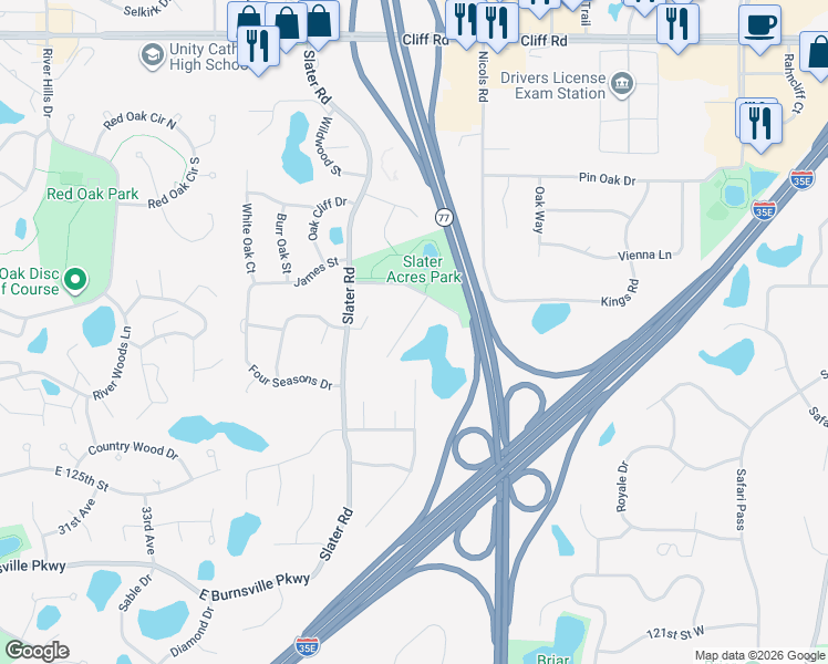 map of restaurants, bars, coffee shops, grocery stores, and more near 2210 James Court in Eagan