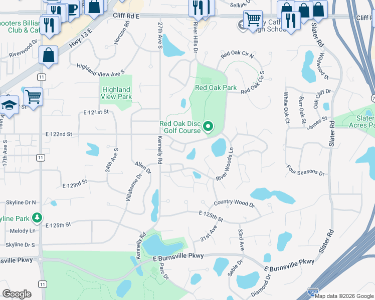 map of restaurants, bars, coffee shops, grocery stores, and more near 2751 River Hills Drive South in Burnsville