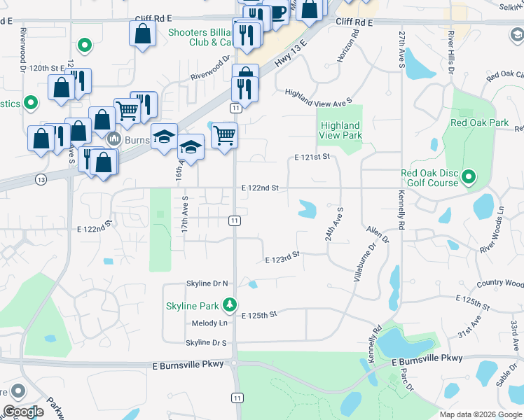 map of restaurants, bars, coffee shops, grocery stores, and more near 2005 East 122nd Street in Burnsville