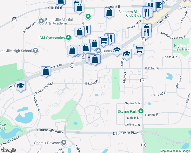 map of restaurants, bars, coffee shops, grocery stores, and more near 12287 River Valley Drive in Burnsville