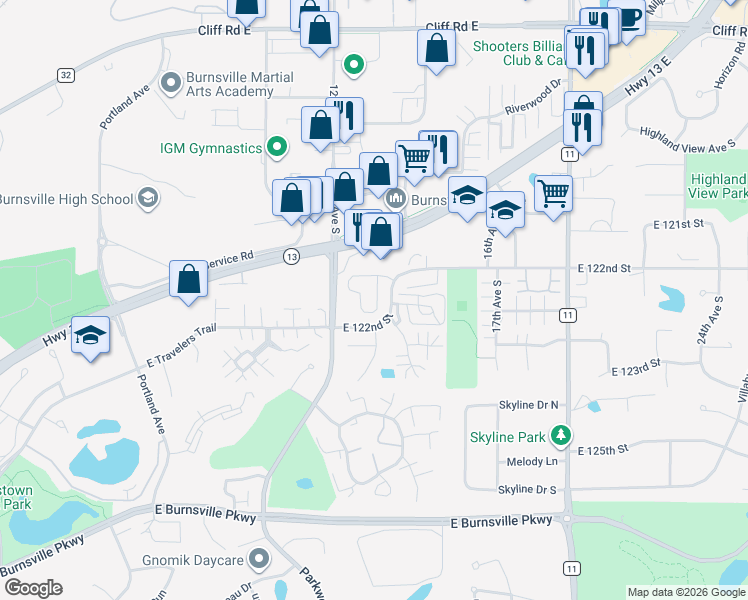map of restaurants, bars, coffee shops, grocery stores, and more near 12287 River Valley Drive in Burnsville