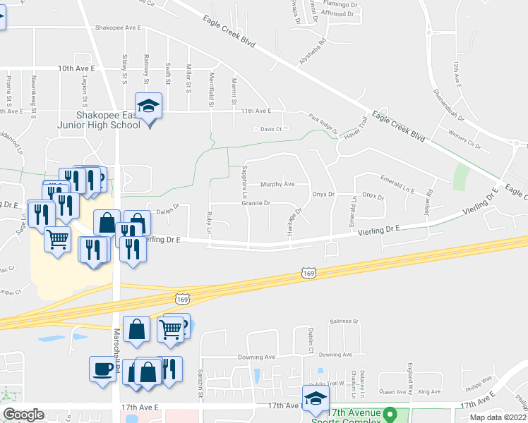 map of restaurants, bars, coffee shops, grocery stores, and more near 1222 Granite Court in Shakopee