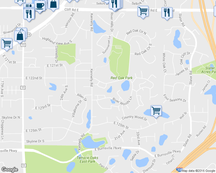 map of restaurants, bars, coffee shops, grocery stores, and more near 2751 River Hills Drive South in Burnsville