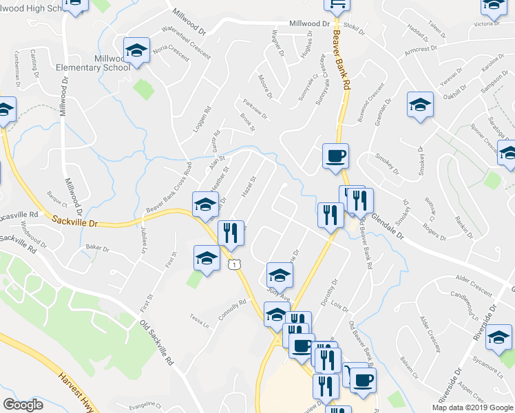 map of restaurants, bars, coffee shops, grocery stores, and more near 27 Stanley Street in Middle Sackville