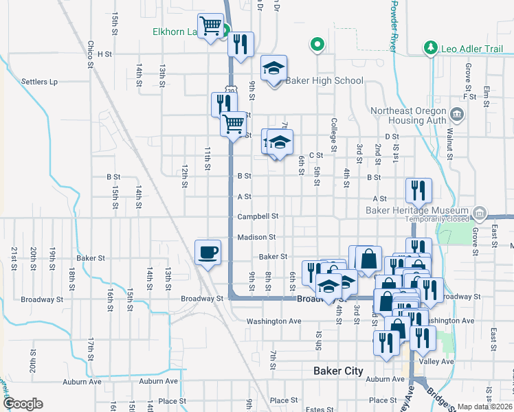 map of restaurants, bars, coffee shops, grocery stores, and more near 2539 9th Street in Baker City