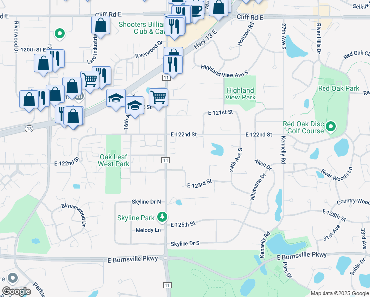map of restaurants, bars, coffee shops, grocery stores, and more near 2005 East 122nd Street in Burnsville