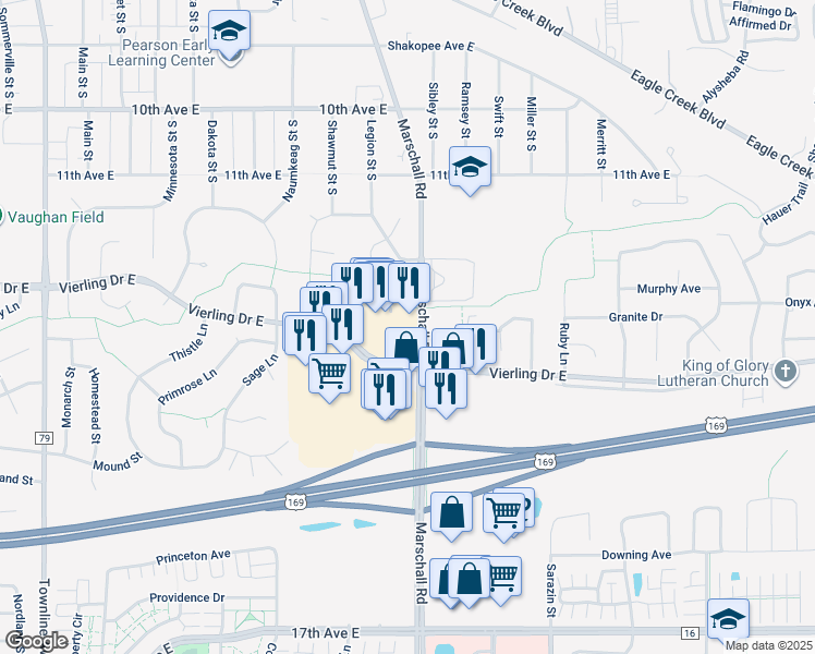 map of restaurants, bars, coffee shops, grocery stores, and more near 1402-1422 Marschall Road in Shakopee