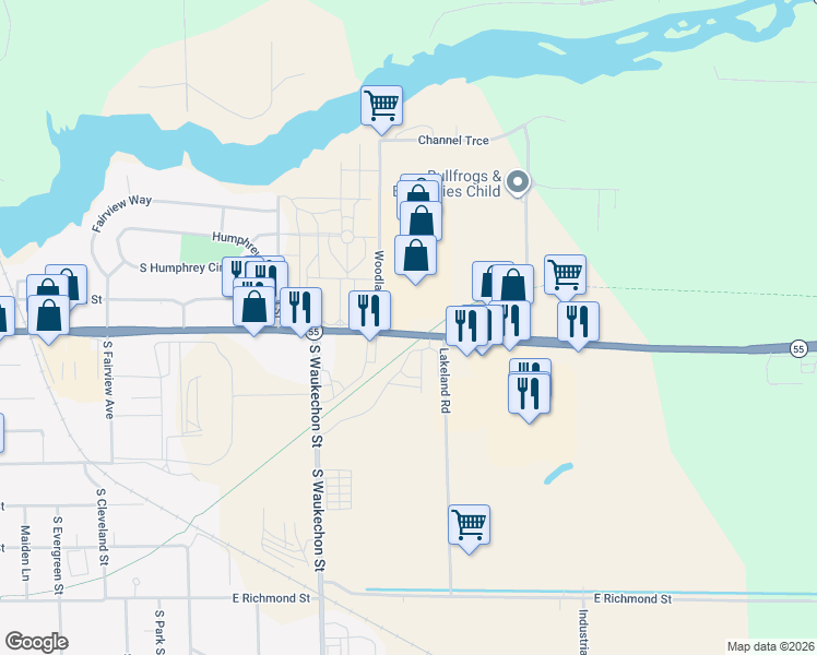 map of restaurants, bars, coffee shops, grocery stores, and more near 1207 East Green Bay Street in Shawano
