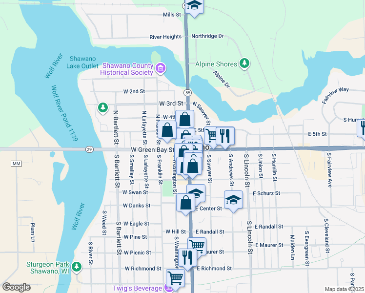 map of restaurants, bars, coffee shops, grocery stores, and more near in Shawano