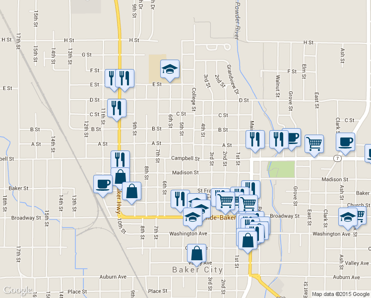 map of restaurants, bars, coffee shops, grocery stores, and more near 2530 5th Street in Baker City