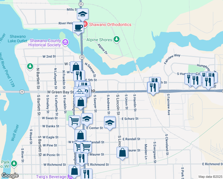map of restaurants, bars, coffee shops, grocery stores, and more near 311 East Green Bay Street in Shawano