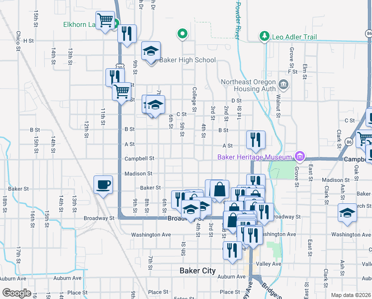 map of restaurants, bars, coffee shops, grocery stores, and more near 2530 5th Street in Baker City