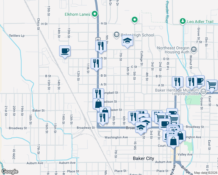 map of restaurants, bars, coffee shops, grocery stores, and more near 2539 9th Street in Baker City