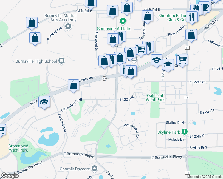 map of restaurants, bars, coffee shops, grocery stores, and more near 12312 Parkwood Drive in Burnsville