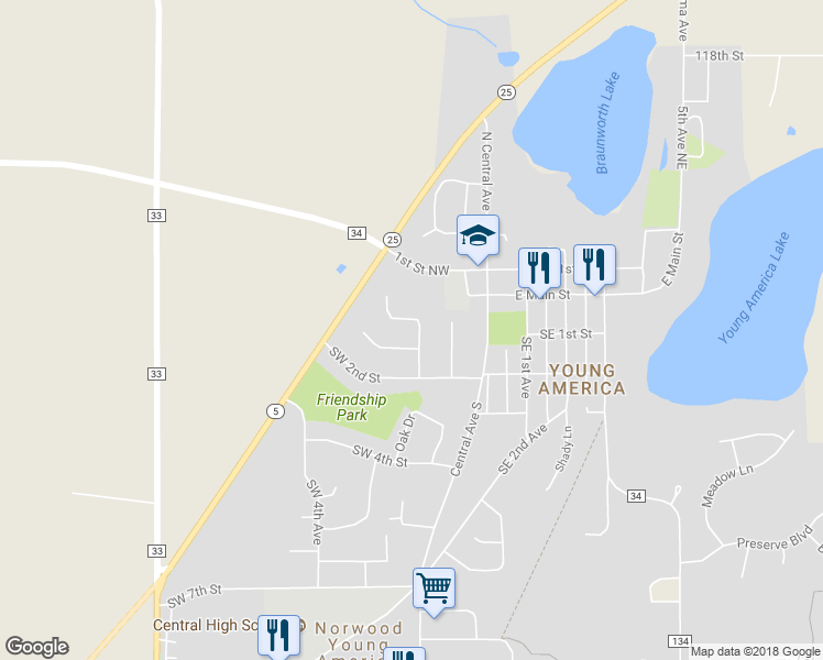 map of restaurants, bars, coffee shops, grocery stores, and more near 23 Southwest 2nd Avenue in Norwood Young America