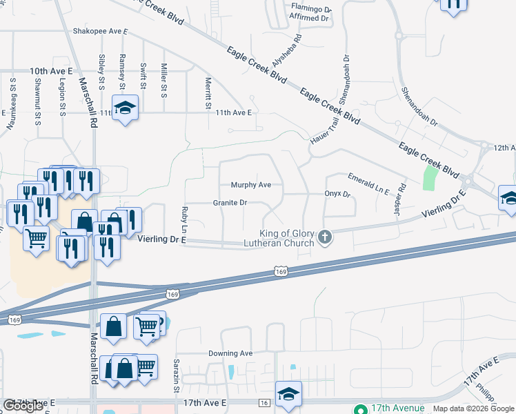 map of restaurants, bars, coffee shops, grocery stores, and more near 2048 Granite Drive in Shakopee